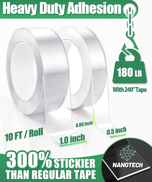 Double Sided Tape Heavy Duty, 2 Rolls 20 Feet Removable Waterproof Clear Nano - Image 3