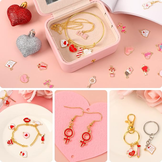 SANNIX 110Pcs Valentine's Day Charms Gold Enamel Jewelry Making Charm Pink - Image 6