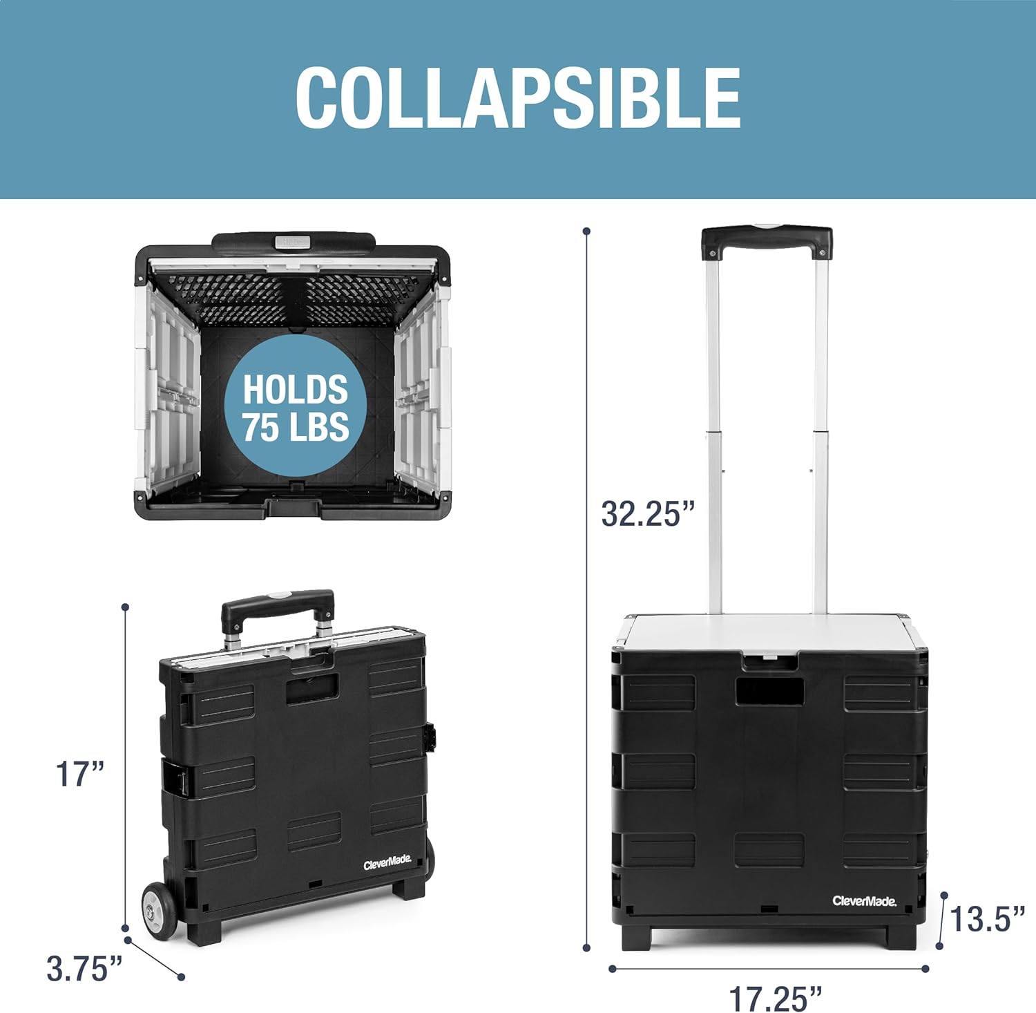 CleverMade Collapsible Wheeled Crate with Lid, 2-Wheels – Stable Rolling Crate with Handle and Large Wheels for Fragile Items, Heavy Loads and Easy Storage - 35L and 75lb Capacity, Black/Cream