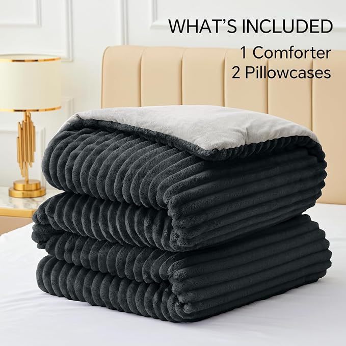 BEDELITE Fleece King Comforter Set -Super Soft & Warm Fluffy Black Bedding - Image 6