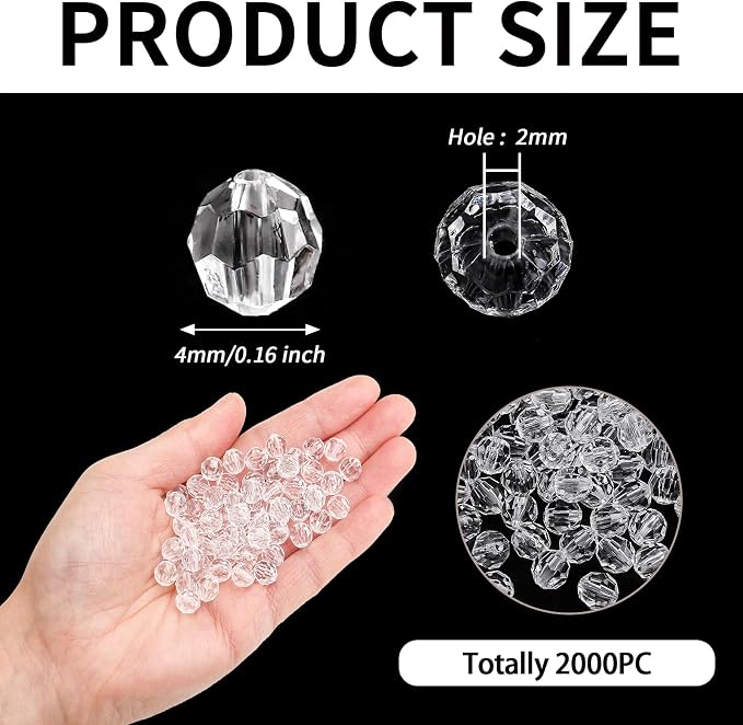 BONNY BOXX 2000pcs 4mm Acrylic Faceted Round Crystal Beads Transparent White - Image 3