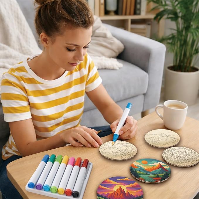 26PCS Wood Coasters Craft Kit 10 Paint You Own Coaster - Image 6