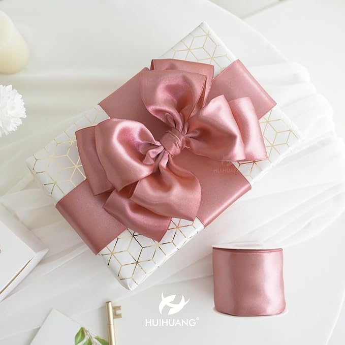 HUIHUANG Dusty Rose Wired Ribbon 2.5 inch Rose Pink Satin Wire Ribbon - Image 6