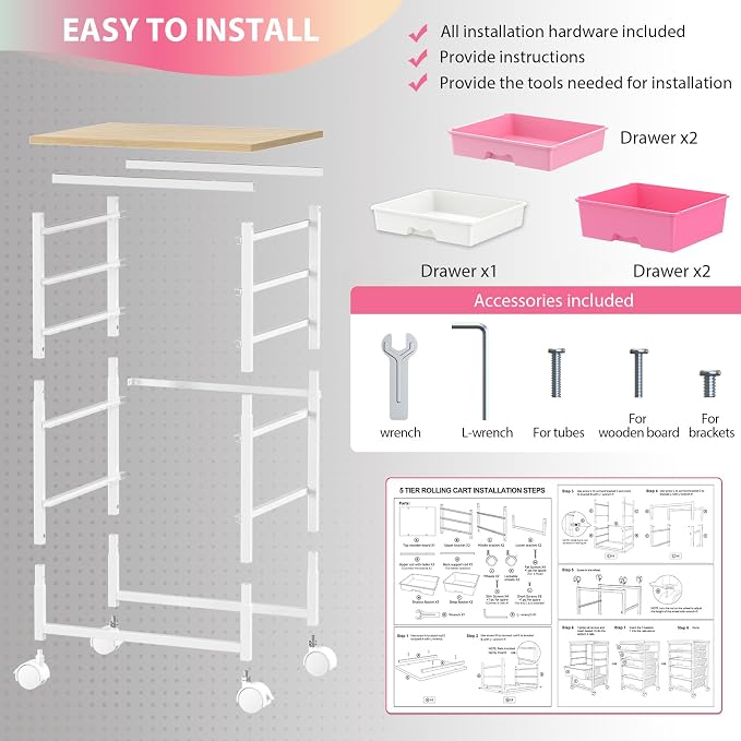 Goovilla Rolling Cart with Drawers, Utility Cart Organizer with 5 Removable - Image 6
