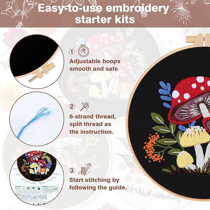 RidaaFri Embroidery Kit for Beginners, 3 Pk Stamped Mushroom DIY Craft Supplies - Image 6