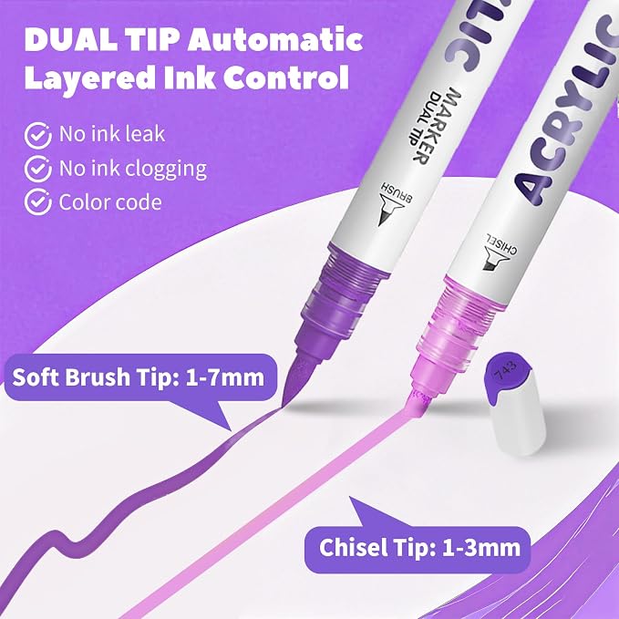 Purple Acrylic Paint Pens, Water Based 12 Colors Dual Tip Acrylic Paint Markers - Image 3
