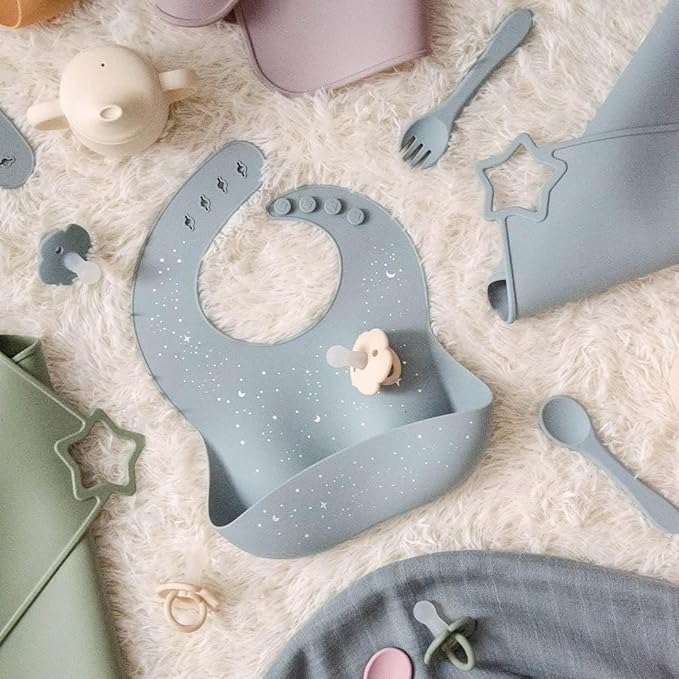 Moonkie Silicone Bibs Set Of 3, BPA Free Soft Adjustable Fit Waterproof Feeding Bibs for Babies and Toddlers(Ether/Sage/Cream)