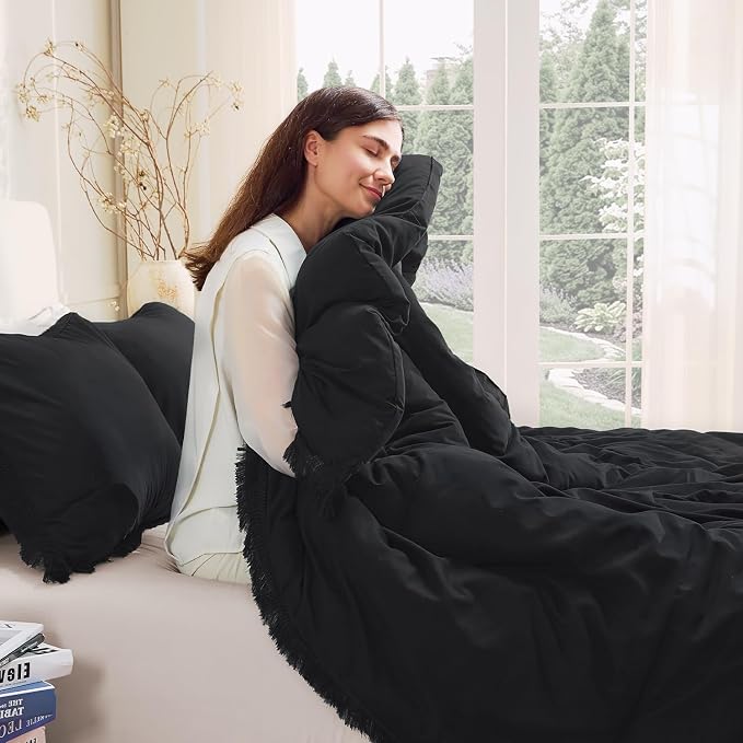 Andency Black Comforter Set Full Size, 3 Pieces Boho Tassel Lightweight Bedding - Image 9