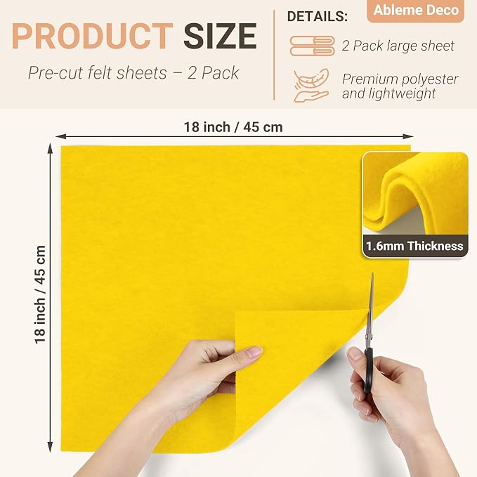 Yellow Felt Fabric Sheets 18" x 18" 1.6mm Soft Felt, Sew and Glue, DIY Sewing - Image 2
