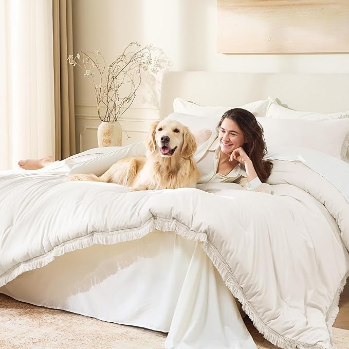 Andency Comforter Set Oversized King Beige 120x120, 3 Pieces Boho Fall Tassel - Image 5