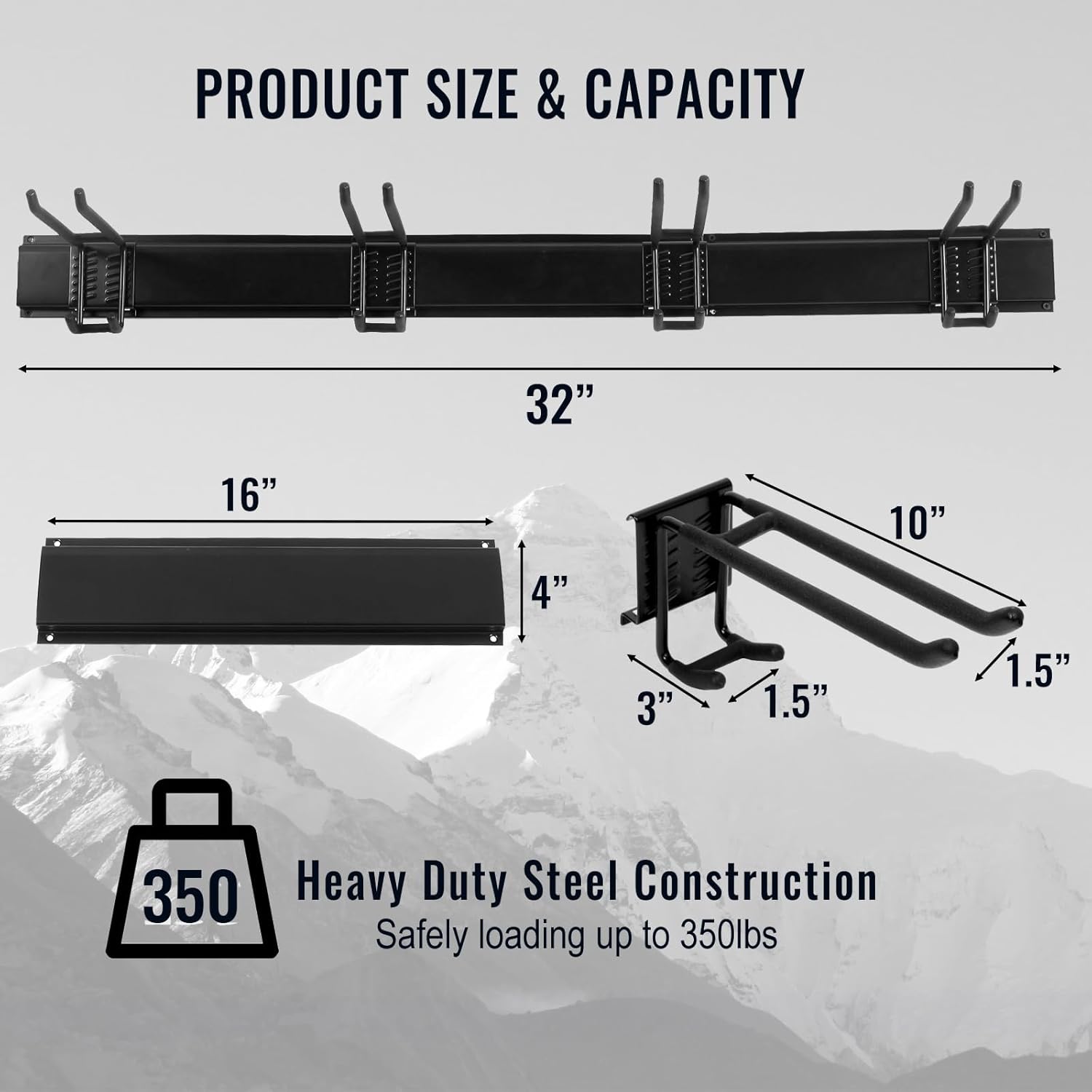 Wall Mount Tool Storage Rack, Heavy Duty Garage Storage Tool Organizer, Garden Tool Wall Hooks and Hangers, Hold Up to 350lbs (Black 6pcs)