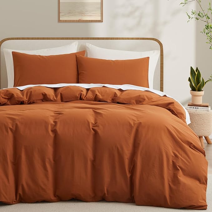 LOVQUE Burnt Orange Cotton Duvet Cover Queen Size, Linen Like Natural Bedding by LOVQUE