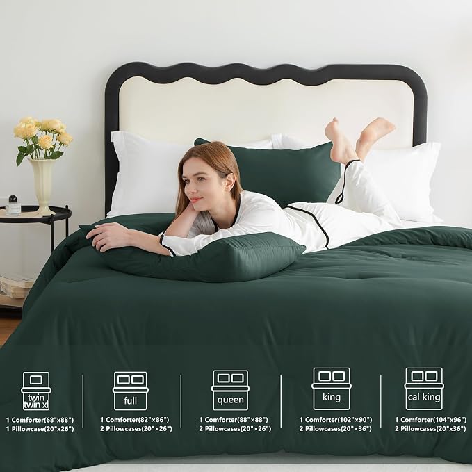 CozyLux King Size Comforter Set Forest Green, 3 Pieces Solid Comforters King - Image 7