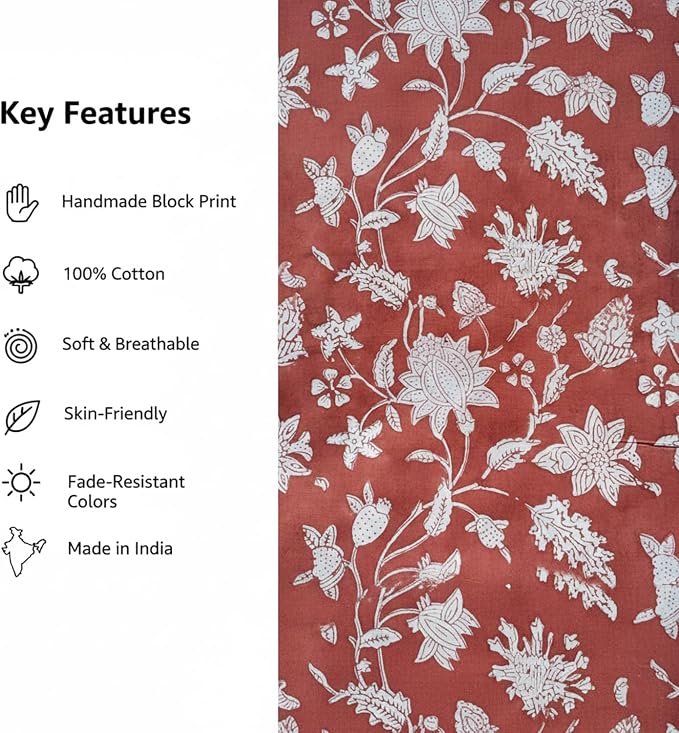 E-Tailor® Hand-Block Printed Pre-Cut Cotton Fabric Ideal - Image 3