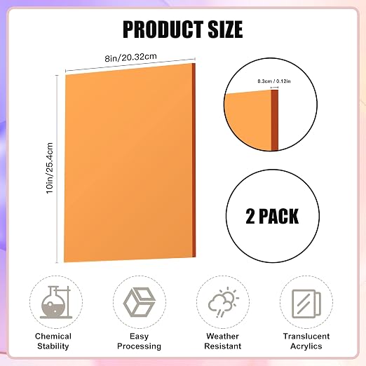 Lesnlok Orange Acrylic Sheets 1/8 inch Thick 3mm 2 Pack 8 x 10 Clear Plexiglass - Image 2