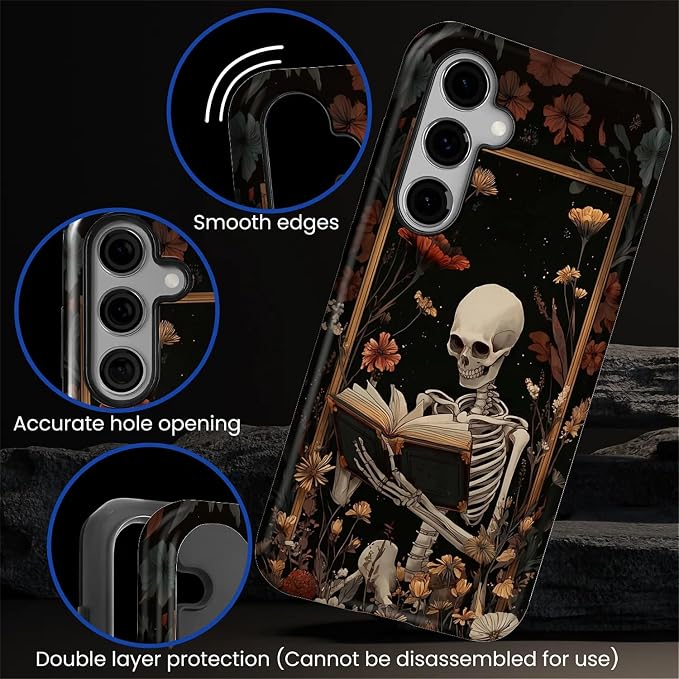 Case for Samsung Galaxy S25 FE, Skeleton Reader Goth Floral Design Hybrid Dual - Image 6