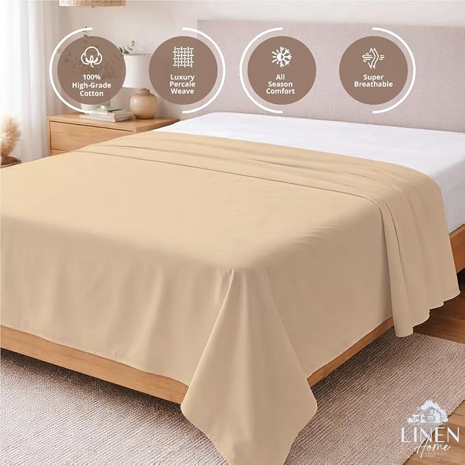 Linen Home 100% Cotton Percale 1 Flat Sheet, King Size - Image 3