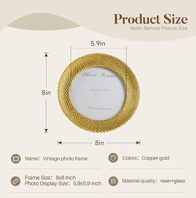 Cuspin 6x6 Round Picture Frame, Vintage Gold 6 inch Circle Frame Rattan - Image 5