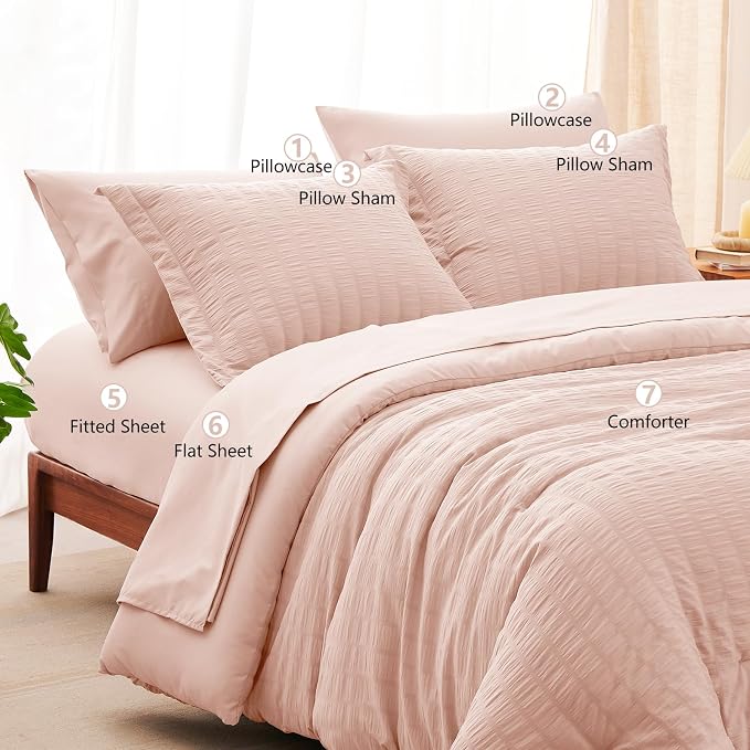 CozyLux Queen Comforter Set Blush Pink Seersucker 7 Pieces Bed in a Bag Queen - Image 8