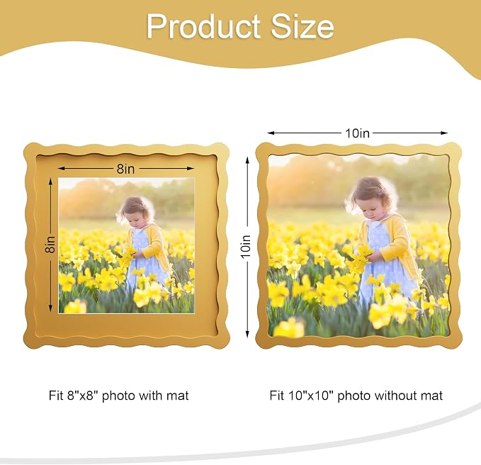 10x10 Picture Frame with Mat for 8x8, Wavy Edge Wooden Real Glass Photo Frame - Image 3