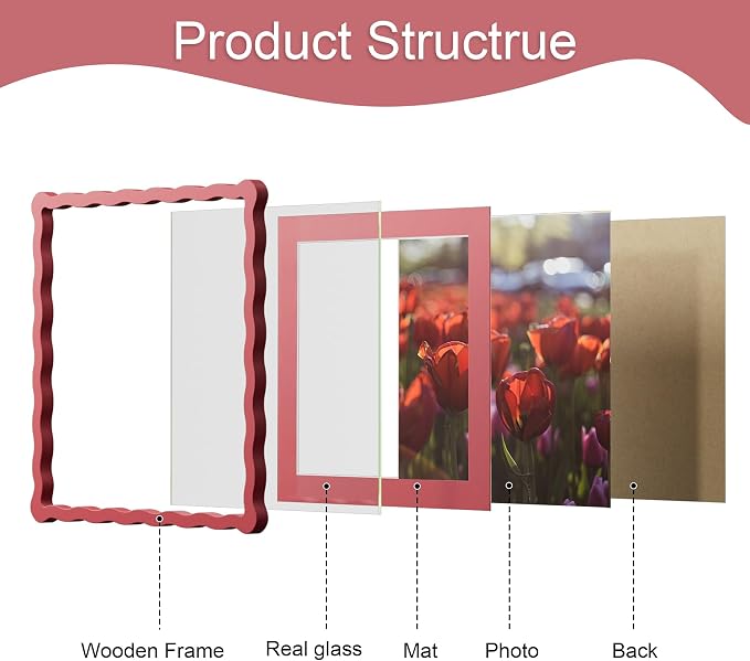 12x12 Picture Frame with Mat for 10x10, Wavy Edge Wooden Real Glass Photo Frame - Image 5