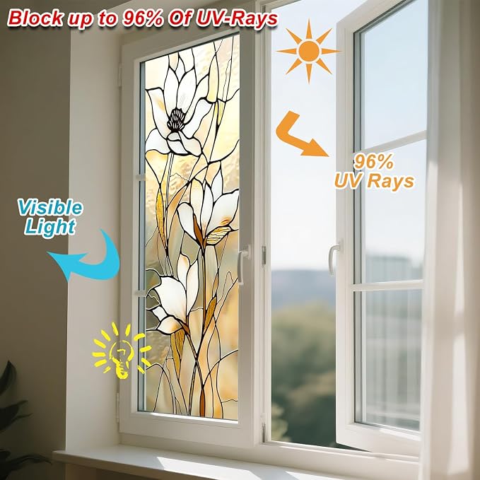 IVN Privacy Window Film Stained Glass Static Cling Window Film White Floral - Image 4