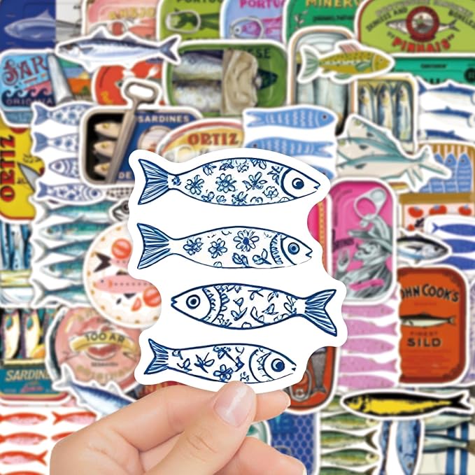 50 Pcs Vintage Sardine Fish Can Stickers, Retro Seafood Tin Label Ocean Fish - Image 2