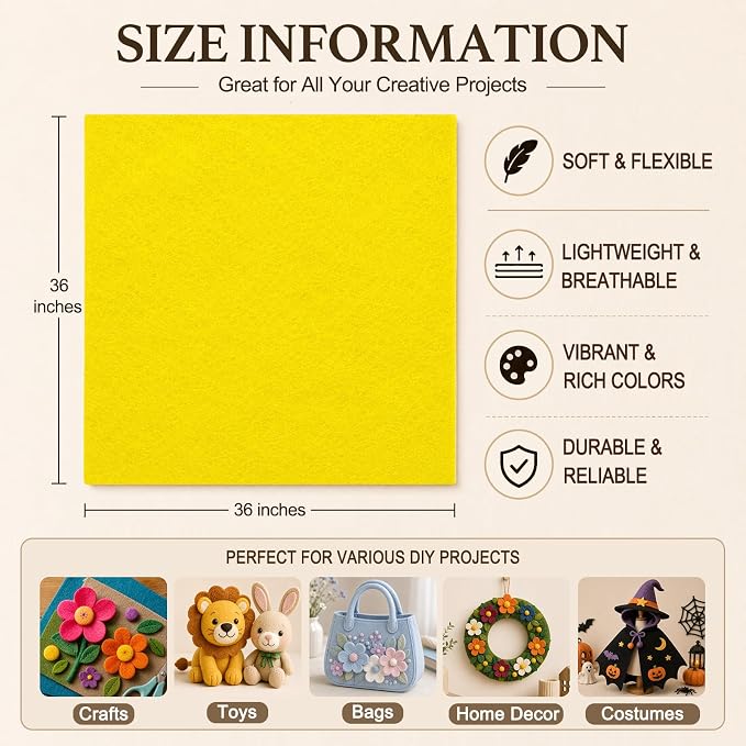 Bright Yellow Large Felt Fabric 36" x 36", 1.4 mm Soft Felt Sheet, Nonwoven - Image 3
