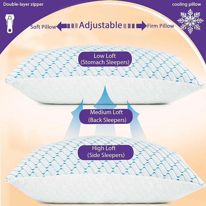 VAINOC Memory Foam Pillows Queen Size Set of 2, Adjustable Cooling Pillow - Image 8