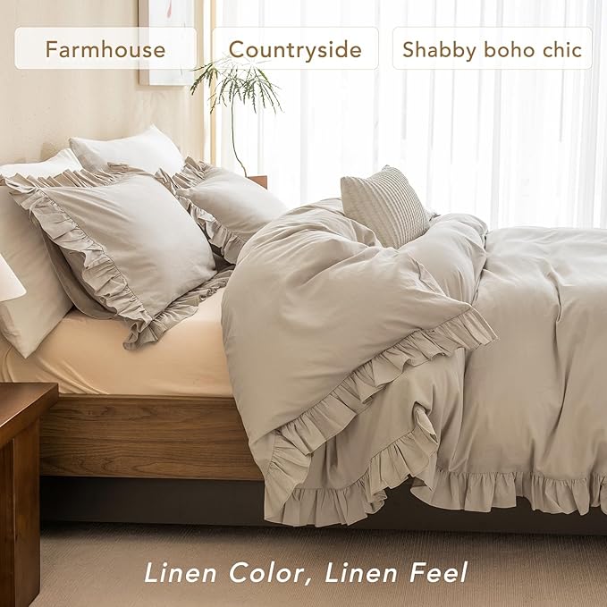 QSH Washed Cotton Queen Duvet Cover Set Ruffle Duvet Cover Linen Textured - Image 3
