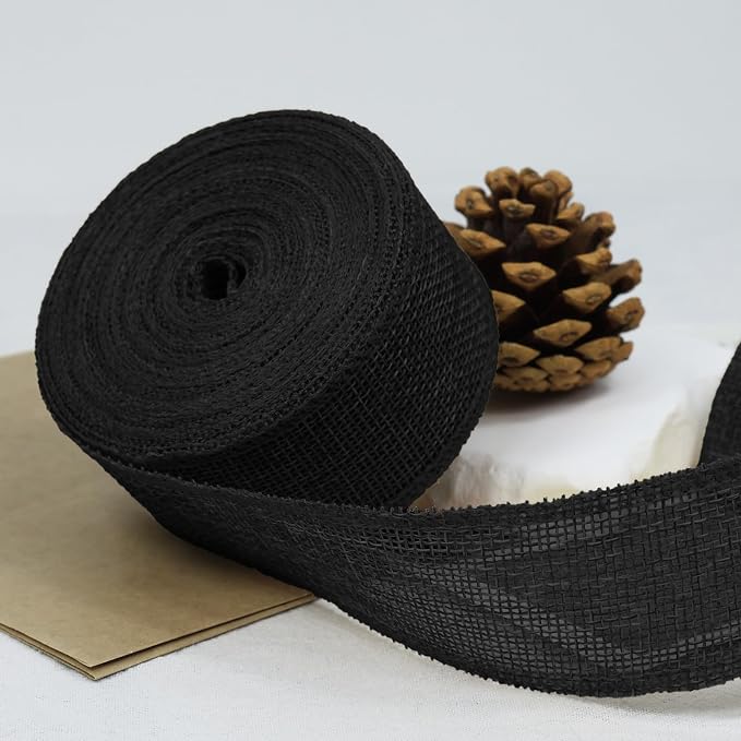 Black Burlap Ribbon 1-1/2 inch X 10 Yard Black Linen Wired Ribbon | Natural - Image 3