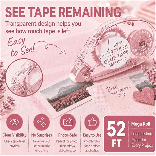MARCADORUS Glue Tape Roller, Double Sided Tape Scrapbook 4 Pack Extra Long | - Image 4