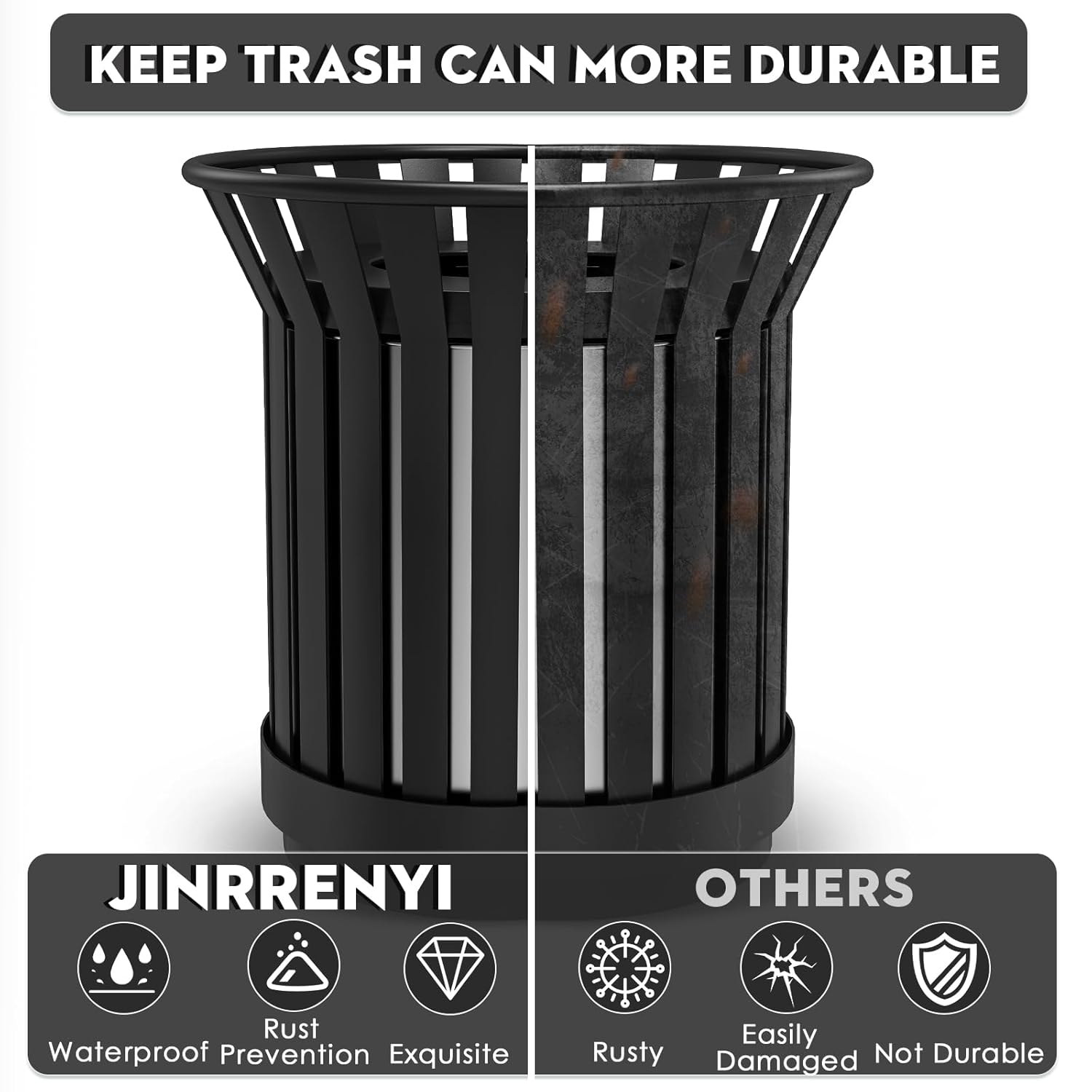 Round Heavy Duty Outdoor Trash Can, Large Metal Slatted Garbage Can for All Weather Resistant, Commercial Garbage Cans, Waste Receptacle in Park, Beach, Patio (Black, Medium)