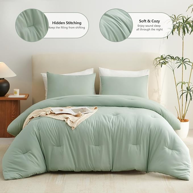 CozyLux Sage Green Queen Comforter Set, 3 Pieces Solid Breathable Quilted - Image 2