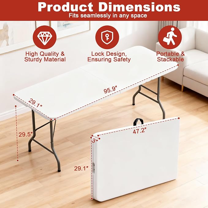 Elevon Folding Table Set of 2, 8 Feet Heavy Duty Fold-in-Half Utility Table - Image 2