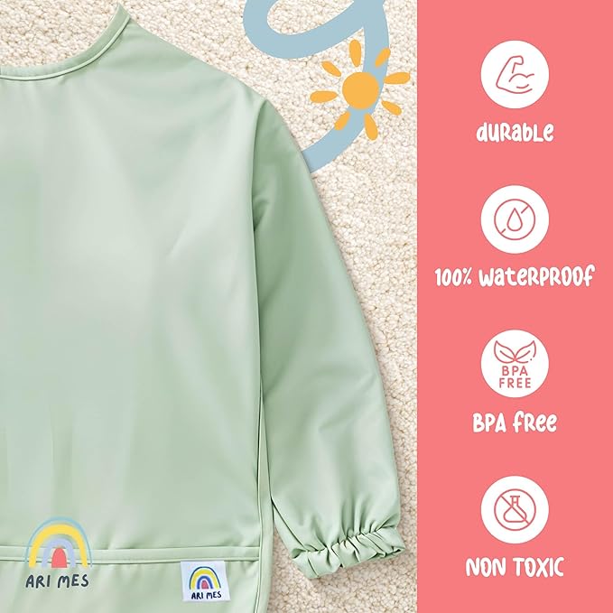 ARI MES Long Sleeves Waterproof Baby Bibs for Eating - Cherries, Large- Wearable, Coverall for Toddler, Long Sleeve Bib, Smock Apron for Feeding - Applicable for 6-72 Months