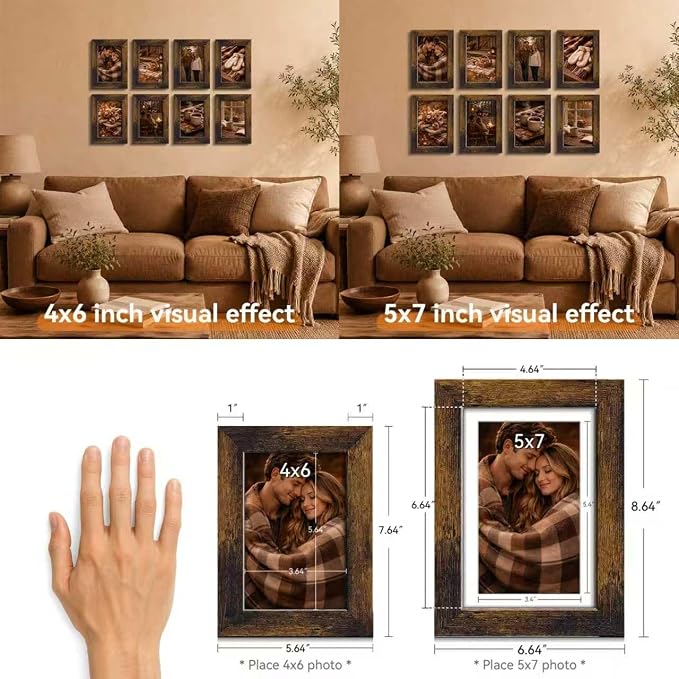 5x7 Picture Frames Set of 8, Vintage Rustic Farmhouse Industrial Style Photo - Image 4