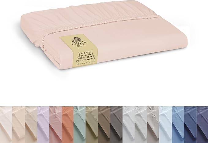 Linen Home 100% Cotton Percale Weave Fitted Sheet, Queen Size, Sand Shell by LINENHOME