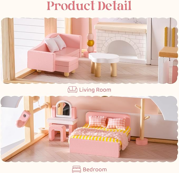 ROBUD Wooden Dollhouse Furniture Set, Miniature Furniture Including 6 Room Kits - Image 4