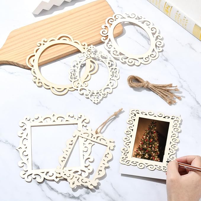 12 pcs 6 Styles Hollow Theme Undyed Wooden Photo Frames Laser Cut Oval Square - Image 5