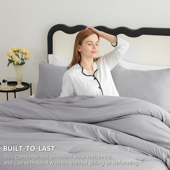 CozyLux Full Size Comforter Set Grey, 3 Pieces Solid Breathable Quilted Bedding - Image 3