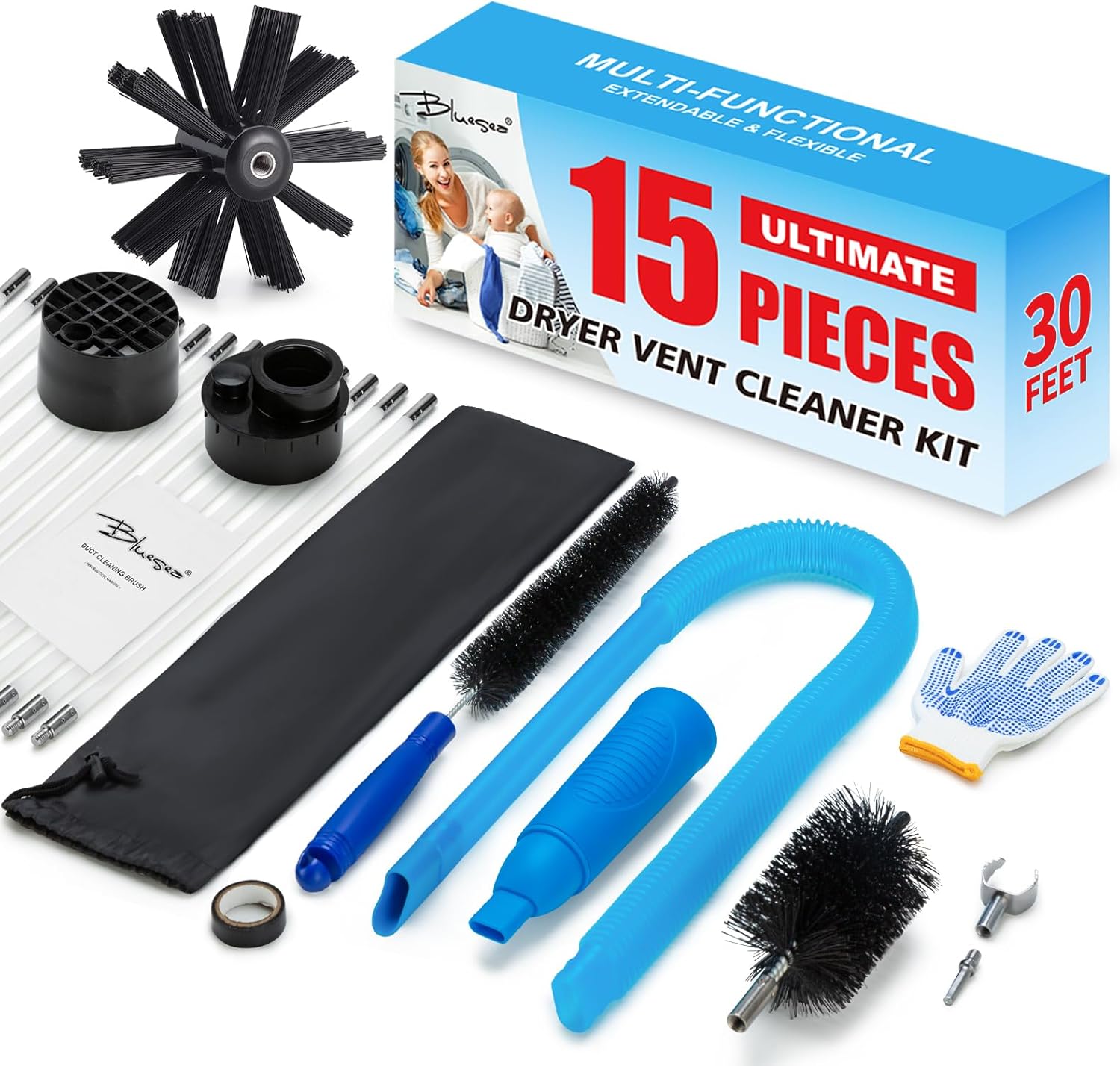 BLuesea Dryer Vent Cleaner Kit, 15-Piece Ultimate Dryer Cleaning Kit Include 30 Feet Dryer Vent Brush, Upgrade Noiseless Dryer Lint Vacuum Attachment, Lint Trap Brush, Vacuum & Dryer Adapters