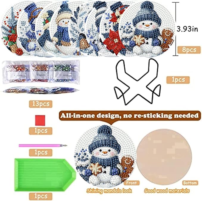 8 Pack Diamond Art Coasters, Christmas Snowman Diamond Painting Coasters | - Image 2