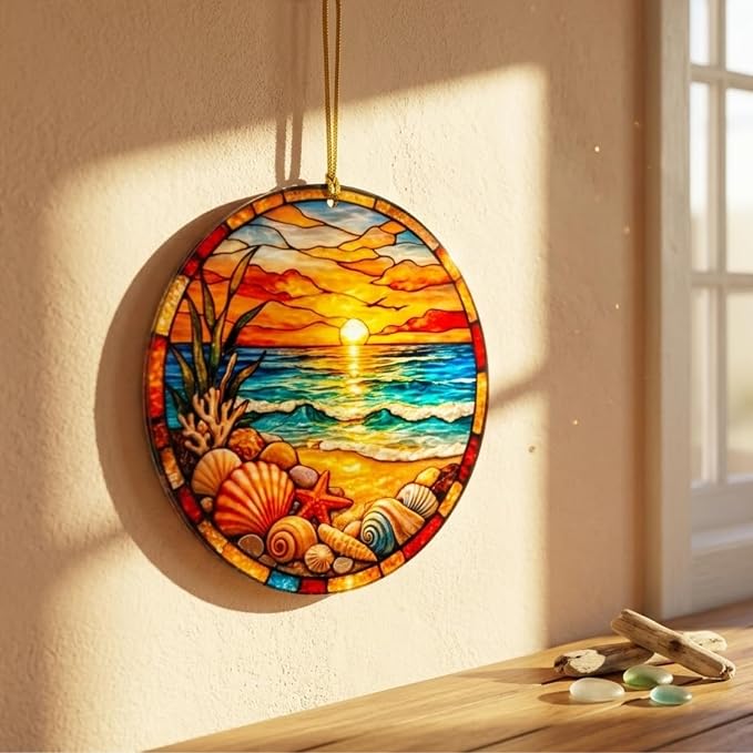 Beach Gifts for Women Acrylic Faux Stained Glass Ornament, Ocean Sunset Coastal - Image 7