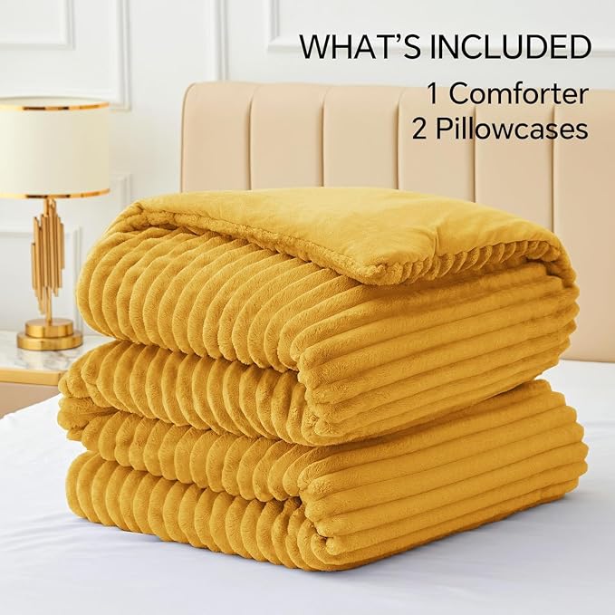 BEDELITE Fleece Queen Comforter Set -Super Soft & Warm Fluffy Mustard Yellow - Image 6