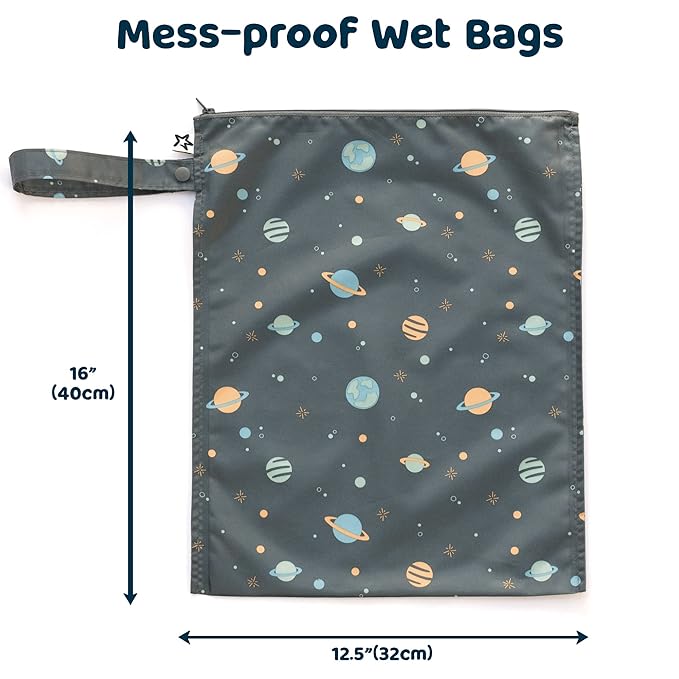 Tiny Twinkle Wet Dry Bag – 2 Pack Reusable Waterproof & Mess Proof Wet Bags for Swimsuits & Travel, Baby Towels & Beach Essentials, a Diaper Bag Must-Have (Space, Ice Blue)