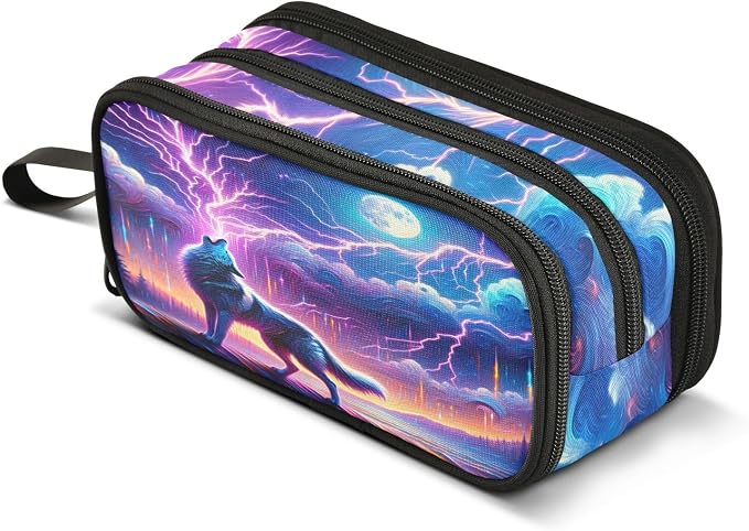 Wolf Howling Moon Lightning Pencil Case Box Boys Girls Large Pencil Pouch by BOENLE-WELCOMEYOURCOMING
