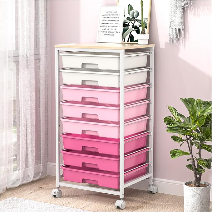 Rolling Cart with Drawers, Storage Cart with 8 Drawers and Wooden Tabletop by SYKIARIOL