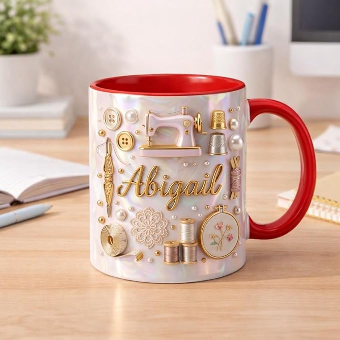 Personalized Sewing Mug with Custom Name, Tailor Coffee Mug Gift, Floral Craft by Custom