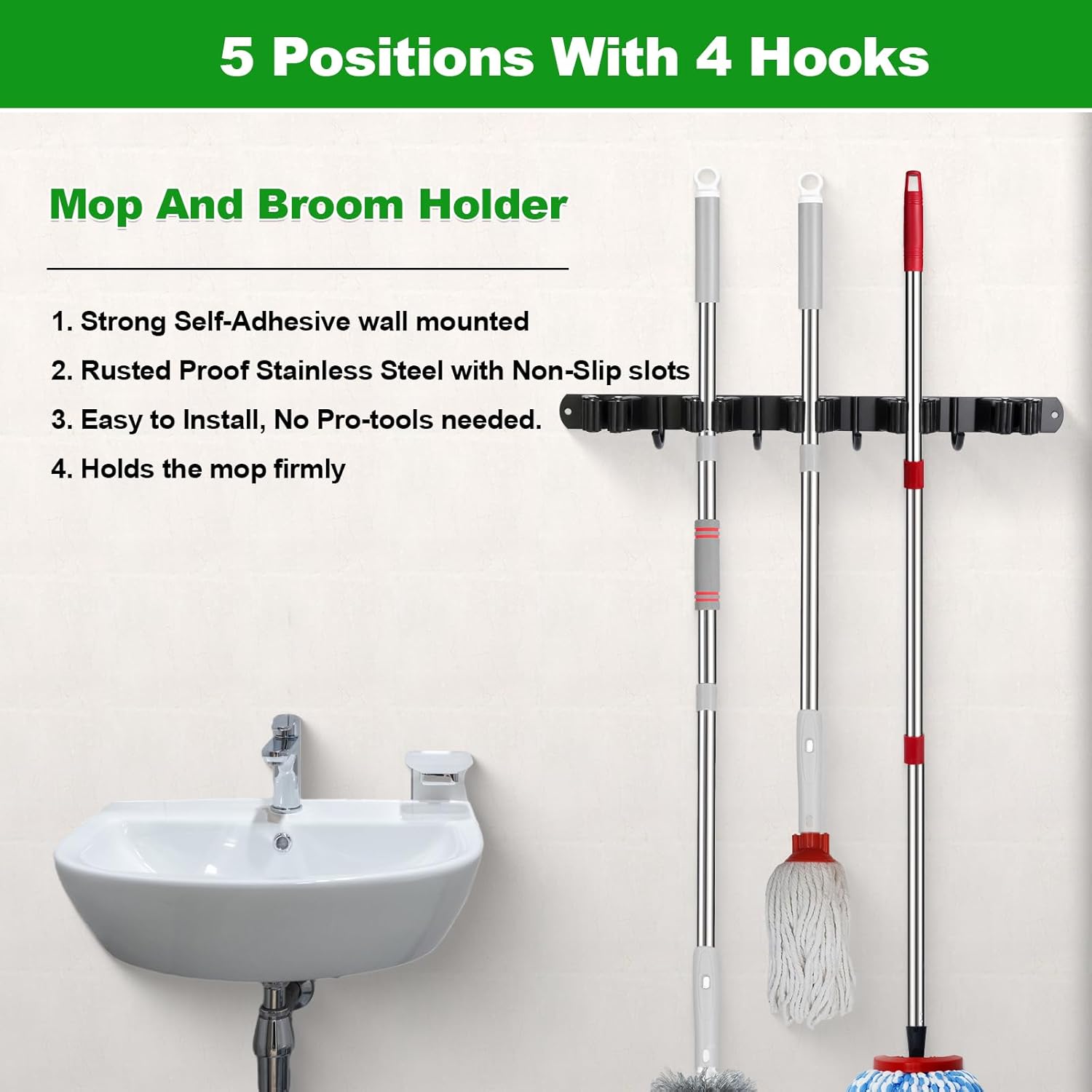 voze [2 Pack] 5 Racks and 4 Hooks Mop and Broom Holder Wall Mount, Self Adhesive Heavy Duty Broom Organizer Storage Tool Racks for Kitchen Garden Laundry Garage Black